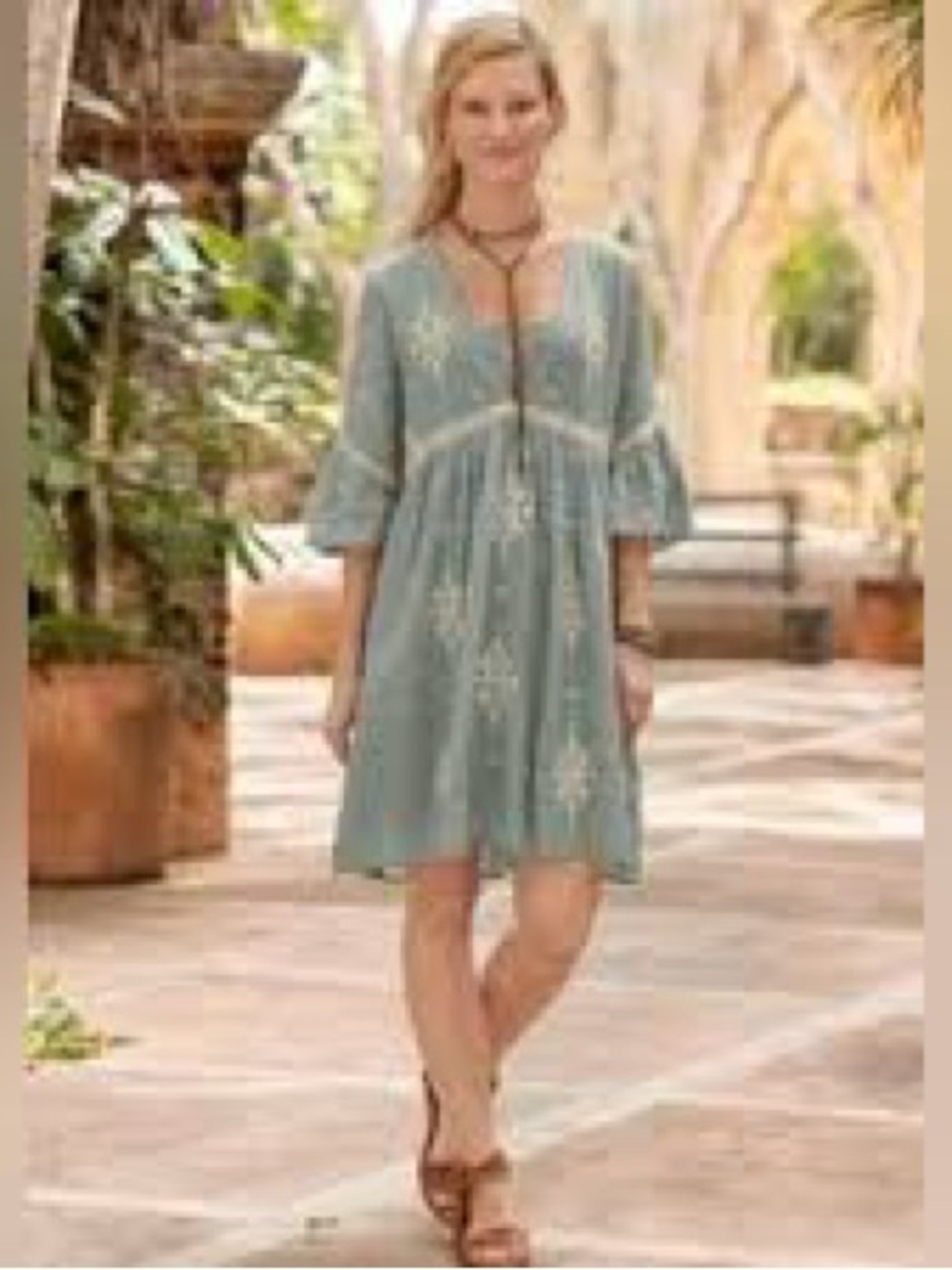 Sundance Pale Blue Embroidered V-Neck Tunic Dress